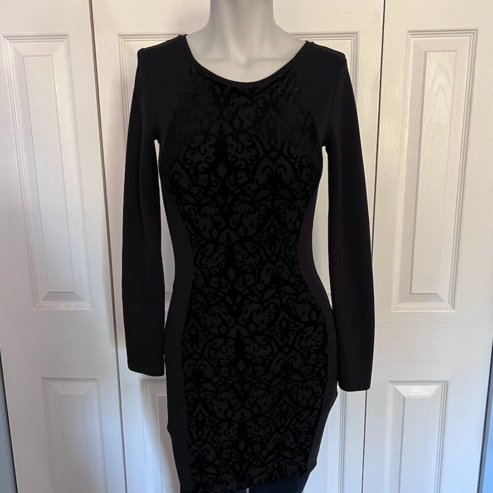 H&M Divided Black Velvet Panel Long Sleeve Bodycon Dress Size 4